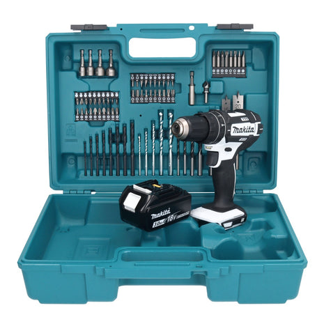 Taladro percutor inalámbrico Makita DHP 482 F1X1W 18 V 62 Nm + 1x batería 3,0 Ah + set de accesorios 74 piezas + maletín - sin cargador