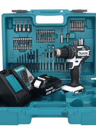 Taladro percutor inalámbrico Makita DHP 482 RT1X1W 18 V 62 Nm + 1x batería 5,0 Ah + cargador + set de accesorios 74 piezas + estuche