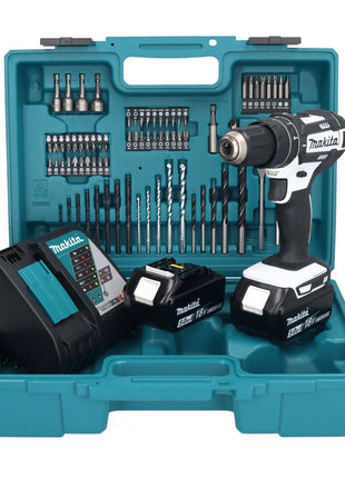 Makita DHP 482 RTX1W Perceuse-visseuse à percussion sans fil 18 V 62 Nm + 2x Batteries 5,0 Ah + Chargeur + kit d'accessoires - 74 pièces + Mallette