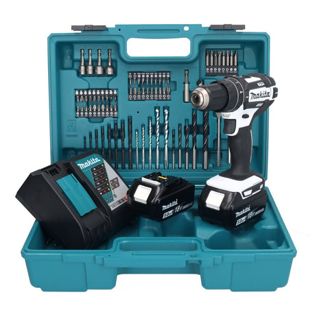 Taladro percutor inalámbrico Makita DHP 482 RTX1W 18 V 62 Nm + 2x baterías 5,0 Ah + cargador + set de accesorios 74 piezas + estuche