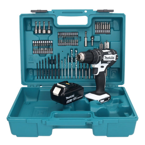 Makita DHP 482 G1X1W Perceuse-visseuse à percussion sans fil 18 V 62 Nm + 1x Batterie 6,0 Ah + kit d'accessoires - 74 pièces + Mallette - sans chargeur