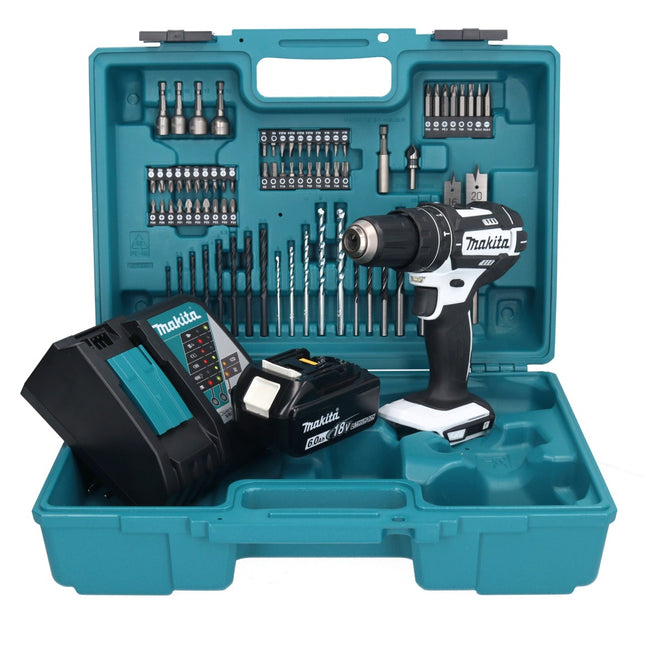 Taladro percutor inalámbrico Makita DHP 482 RG1X1W 18 V 62 Nm + 1x batería 6,0 Ah + cargador + set de accesorios 74 piezas + estuche