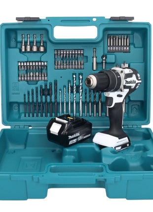 Makita DHP 484 F1X1W Taladro percutor inalámbrico 18 V 54 Nm sin escobillas blanco + 1x batería 3,0 Ah + set de accesorios 74 piezas + maletín - sin cargador