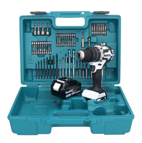 Makita DHP 484 F1X1W Perceuse-visseuse à percussion sans fil 18 V 54 Nm sans balai blanc + 1x Batterie 3,0 Ah + kit d'accessoires - 74 pièces + Mallette - sans chargeur