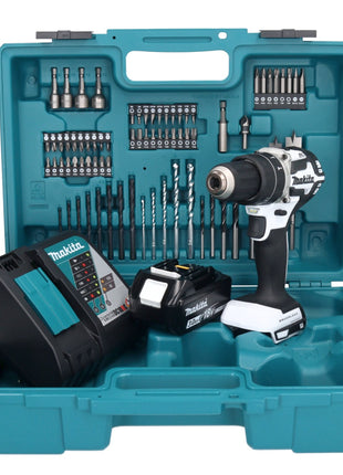 Makita DHP 484 RF1X1W Taladro percutor inalámbrico 18 V 54 Nm sin escobillas blanco + 1x batería 3,0 Ah + cargador + set de accesorios 74 piezas + estuche