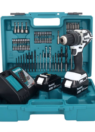 Makita DHP 484 RFX1W Perceuse-visseuse à percussion sans fil 18 V 54 Nm brushless blanc + 2x Batteries 3,0 Ah + Chargeur + set d'accessoires - 74 pièces + Mallette