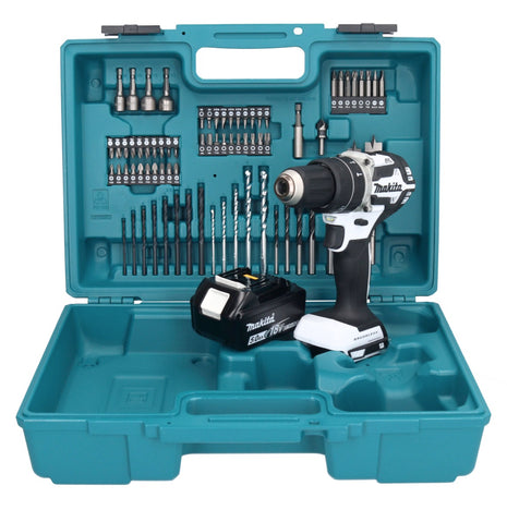 Makita DHP 484 T1X1W taladro percutor inalámbrico 18 V 54 Nm sin escobillas blanco + 1x batería 5,0 Ah + set de accesorios 74 piezas + maletín - sin cargador