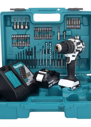 Makita DHP 484 RT1X1W taladro percutor inalámbrico 18 V 54 Nm sin escobillas blanco + 1x batería 5,0 Ah + cargador + set de accesorios 74 piezas + estuche