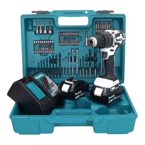 Makita DHP 484 RTX1W taladro percutor inalámbrico 18 V 54 Nm sin escobillas blanco + 2x baterías 5,0 Ah + cargador + set de accesorios 74 piezas + estuche