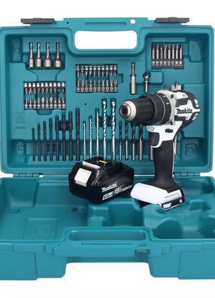 Makita DHP 484 G1X1W Perceuse-visseuse à percussion sans fil 18 V 54 Nm brushless blanc + 1x Batterie 6,0 Ah + kit d'accessoires - 74 pièces + Mallette - sans chargeur