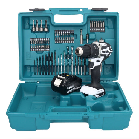 Makita DHP 484 G1X1W taladro percutor inalámbrico 18 V 54 Nm sin escobillas blanco + 1x batería 6,0 Ah + set de accesorios 74 piezas + maletín - sin cargador