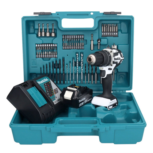 Makita DHP 484 RG1X1W taladro percutor inalámbrico 18 V 54 Nm sin escobillas blanco + 1x batería 6,0 Ah + cargador + set de accesorios 74 piezas + estuche