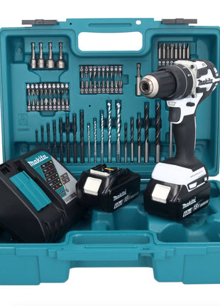 Makita DHP 484 RGX1W Perceuse-visseuse à percussion sans fil 18 V 54 Nm brushless blanc + 2x Batteries 6,0 Ah + Chargeur + Set d'accessoires - 74 pièces + Mallette