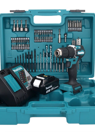 Makita DHP 487 RF1X1 18 V Perceuse-visseuse à percussion sans fil 40 Nm sans balais + 1x Batterie 3,0 Ah + Chargeur + Kit d'accessoires - 74 pièces + Mallette