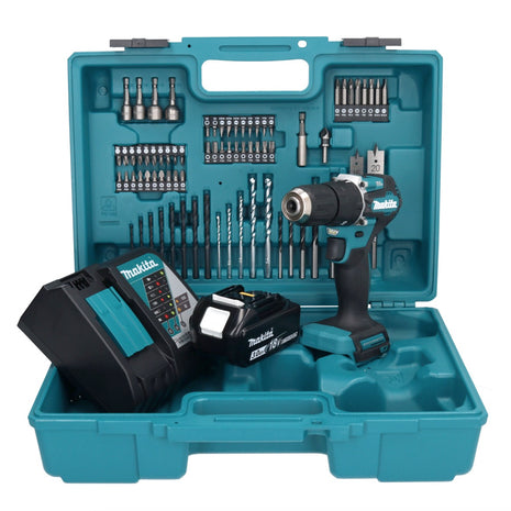 Makita DHP 487 RF1X1 18 V Perceuse-visseuse à percussion sans fil 40 Nm sans balais + 1x Batterie 3,0 Ah + Chargeur + Kit d'accessoires - 74 pièces + Mallette