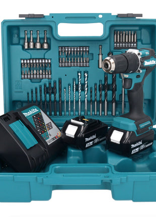 Taladro percutor inalámbrico Makita DHP 487 RFX1 18 V 40 Nm sin escobillas + 2x baterías 3,0 Ah + cargador + set de accesorios 74 piezas + estuche