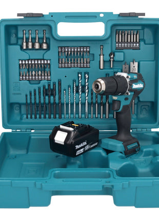 Makita DHP 487 T1X1 18 V Perceuse-visseuse à percussion sans fil 40 Nm brushless + 1x Batterie 5,0 Ah + kit d'accessoires - 74 pièces + Mallette - sans chargeur