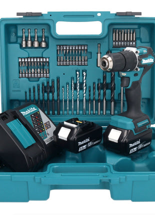 Taladro percutor inalámbrico Makita DHP 487 RTX1 18 V 40 Nm sin escobillas + 2x baterías 5,0 Ah + cargador + set de accesorios 74 piezas + estuche