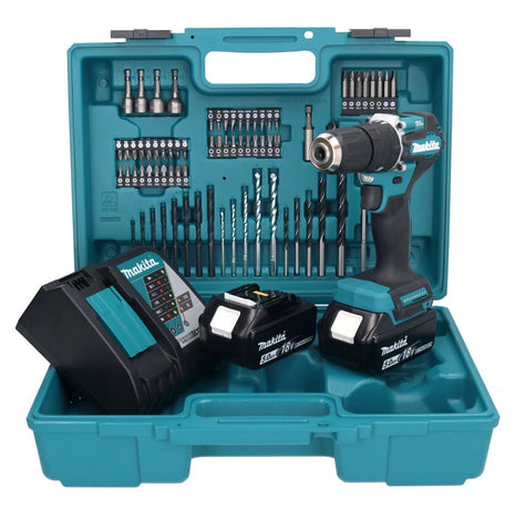 Makita DHP 487 RTX1 18 V Perceuse-visseuse à percussion sans fil 40 Nm sans balai + 2x Batteries 5,0 Ah + Chargeur + kit d'accessoires - 74 pièces + Mallette