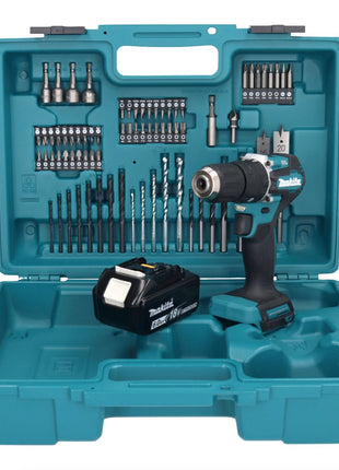 Makita DHP 487 G1X1 18 V Perceuse-visseuse à percussion sans fil 40 Nm sans balais + 1x Batterie 6,0 Ah + kit d'accessoires - 74 pièces + Mallette - sans chargeur