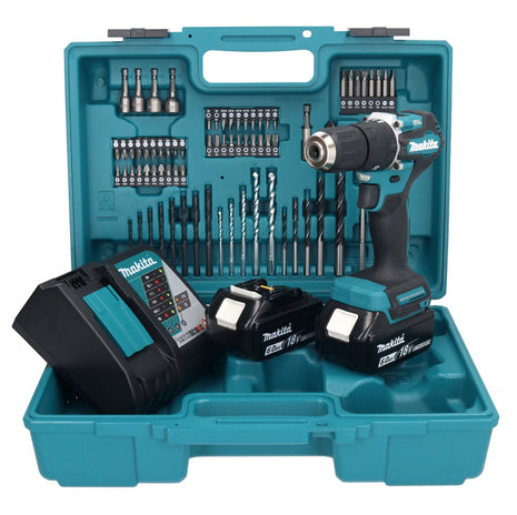 Taladro percutor inalámbrico Makita DHP 487 RGX1 18 V 40 Nm sin escobillas + 2x baterías 6,0 Ah + cargador + set de accesorios 74 piezas + estuche