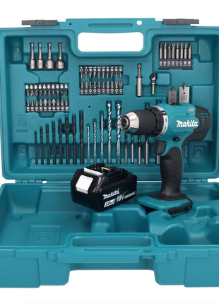 Makita DDF 453 F1X1 taladro atornillador inalámbrico 18 V 42 Nm + 1x batería 3,0 Ah + juego de accesorios 74 piezas + maletín - sin cargador