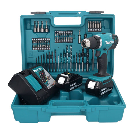 Makita DDF 453 RFX1 taladro atornillador inalámbrico 18 V 42 Nm + 2x baterías 3,0 Ah + cargador + set de accesorios 74 piezas + maletín