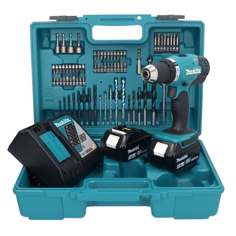 Makita DDF 453 RTX1 Perceuse-visseuse sans fil 18 V 42 Nm + 2x Batteries 5,0 Ah + Chargeur + kit d'accessoires - 74 pièces + Mallette