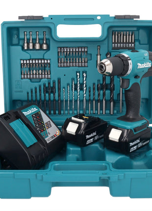 Makita DDF 453 RGX1 taladro atornillador inalámbrico 18 V 42 Nm + 2x baterías 6,0 Ah + cargador + set de accesorios 74 piezas + maletín