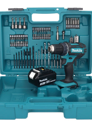 Makita DDF 482 F1X1 taladro atornillador inalámbrico 18 V 62 Nm + 1x batería 3,0 Ah + juego de accesorios 74 piezas + maletín - sin cargador