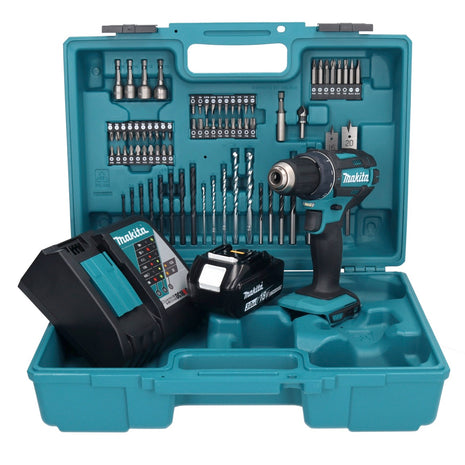 Makita DDF 482 RF1X1 taladro atornillador inalámbrico 18 V 62 Nm + 1x batería 3,0 Ah + cargador + set de accesorios 74 piezas + estuche