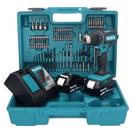 Makita DDF 482 RTX1 taladro atornillador inalámbrico 18 V 62 Nm + 2x baterías 5,0 Ah + cargador + set de accesorios 74 piezas + maletín