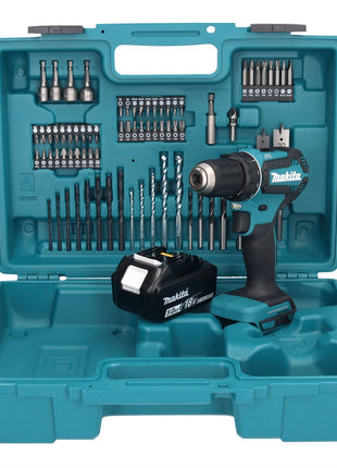 Makita DDF 485 T1X1 Perceuse-visseuse sans fil 18 V 50 Nm sans balais + 1x Batterie 5,0 Ah + kit d'accessoires - 74 pièces + Mallette - sans chargeur