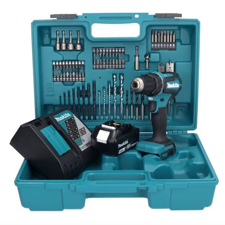 Makita DDF 485 RT1X1 taladro atornillador inalámbrico 18 V 50 Nm sin escobillas + 1x batería 5,0 Ah + cargador + set de accesorios 74 piezas + estuche