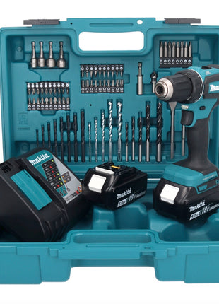 Taladro atornillador inalámbrico Makita DDF 485 RTX1 18 V 50 Nm sin escobillas + 2 baterías 5,0 Ah + cargador + set de accesorios 74 piezas + maletín