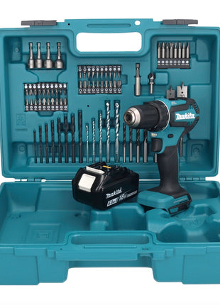 Makita DDF 485 G1X1 taladro atornillador inalámbrico 18 V 50 Nm sin escobillas + 1x batería 6,0 Ah + juego de accesorios 74 piezas + maletín - sin cargador