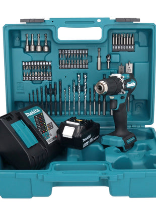 Makita DDF 487 RT1X1 taladro atornillador inalámbrico 18 V 40 Nm sin escobillas + 1x batería 5,0 Ah + cargador + set de accesorios 74 piezas + estuche