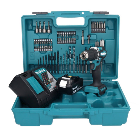 Makita DDF 487 RT1X1 taladro atornillador inalámbrico 18 V 40 Nm sin escobillas + 1x batería 5,0 Ah + cargador + set de accesorios 74 piezas + estuche