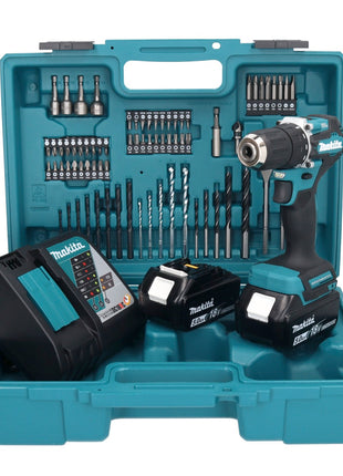 Makita DDF 487 RTX1 taladro atornillador inalámbrico 18 V 40 Nm sin escobillas + 2 baterías 5,0 Ah + cargador + set de accesorios 74 piezas + maletín