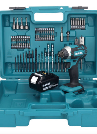 Llave de impacto a batería Makita DTD 152 F1X1 18 V 165 Nm 1/4" + 1x batería 3,0 Ah + set de accesorios 74 piezas + maletín - sin cargador