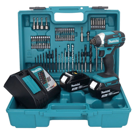 Makita DTD 152 RFX1 llave de impacto inalámbrica 18 V 165 Nm 1/4" + 2x baterías 3.0 Ah + cargador + set de accesorios 74 piezas + estuche