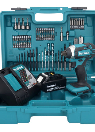 Makita DTD152F1X1 Visseuse à percussion sans fil 165Nm 18V 1/4" + 1x Batterie 5,0Ah + Chargeur + Coffret + Set d'accessoires, 74 pcs.