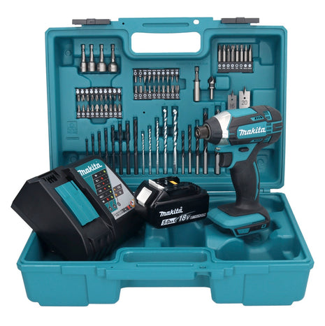 Makita DTD152F1X1 Visseuse à percussion sans fil 165Nm 18V 1/4" + 1x Batterie 5,0Ah + Chargeur + Coffret + Set d'accessoires, 74 pcs.