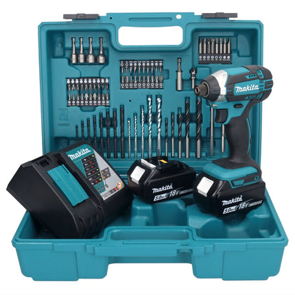 Llave de impacto a batería Makita DTD 152 RTX1 18 V 165 Nm 1/4" + 2x baterías 5,0 Ah + cargador + set de accesorios 74 piezas + estuche