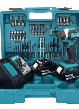 Makita DTD152F1X1 Visseuse à percussion sans fil 165Nm 18V 1/4" + 2x Batteries 6,0Ah + Chargeur + Coffret + Set d'accessoires, 74 pcs.