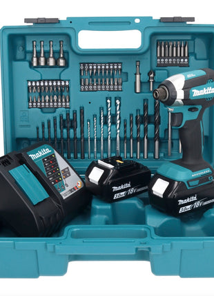 Llave de impacto a batería Makita DTD 153 RFX1 18 V 170 Nm 1/4" sin escobillas + 2x baterías 3,0 Ah + cargador + set de accesorios 74 piezas + estuche