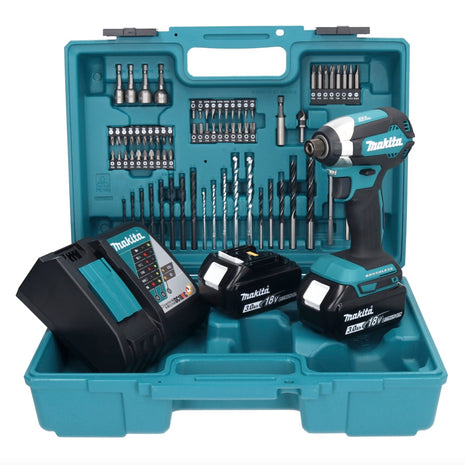 Makita DTD 153 RFX1 clé à chocs sans fil 18 V 170 Nm 1/4" sans balais + 2 batteries 3,0 Ah + chargeur + jeu d'accessoires 74 pièces + mallette