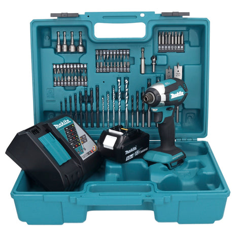 Makita DTD 153 RT1X1 llave de impacto a batería 18 V 170 Nm 1/4" sin escobillas + 1x batería 5,0 Ah + cargador + set de accesorios 74 piezas + estuche