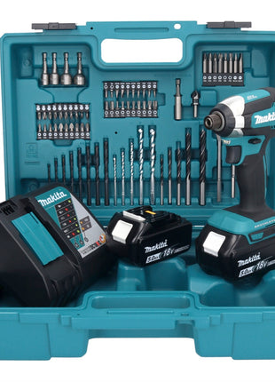 Makita DTD 153 RTX1 clé à chocs sans fil 18 V 170 Nm 1/4" sans balais + 2 batteries 5,0 Ah + chargeur + jeu d'accessoires 74 pièces + mallette