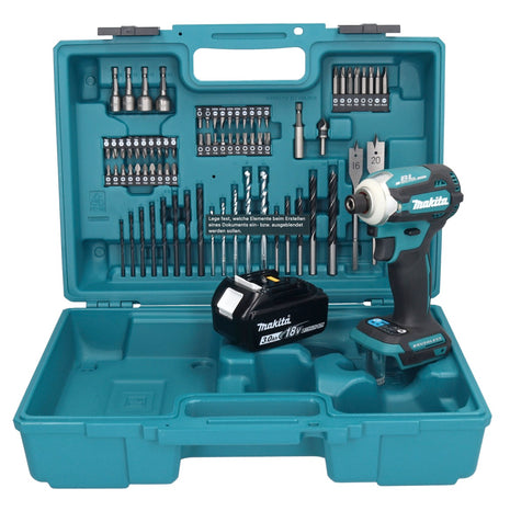 Makita DTD 171 F1X1 llave de impacto a batería 18 V 180 Nm 1/4" sin escobillas + 1x batería 3,0 Ah + set de accesorios 74 piezas + maletín - sin cargador